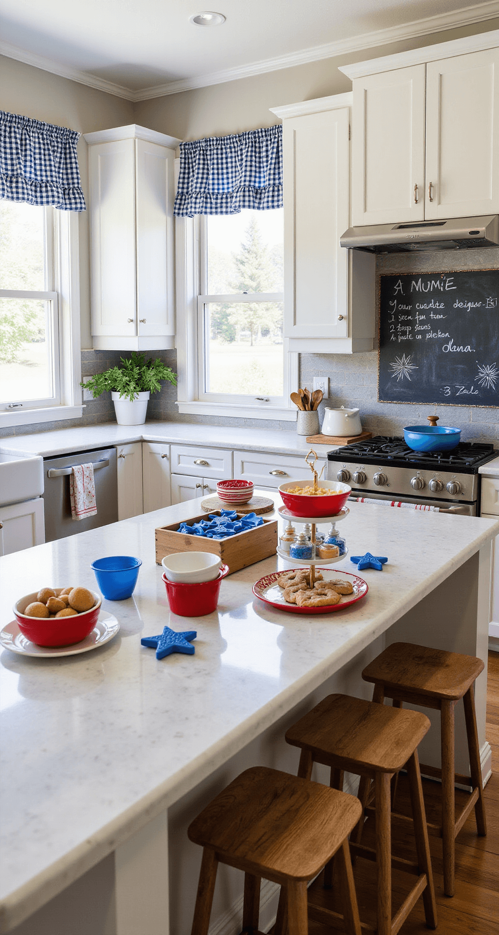 A modern kitchen with white cabinets and stainless steel appliances, featuring a marble island topped with ingredients for flag-themed desserts, red, white, and blue mixing bowls, a chalkboard wall with a hand-drawn American flag, patriotic dish towels, and a tiered tray of cookie cutters and sprinkles, all illuminated by sunlight through navy gingham curtains.