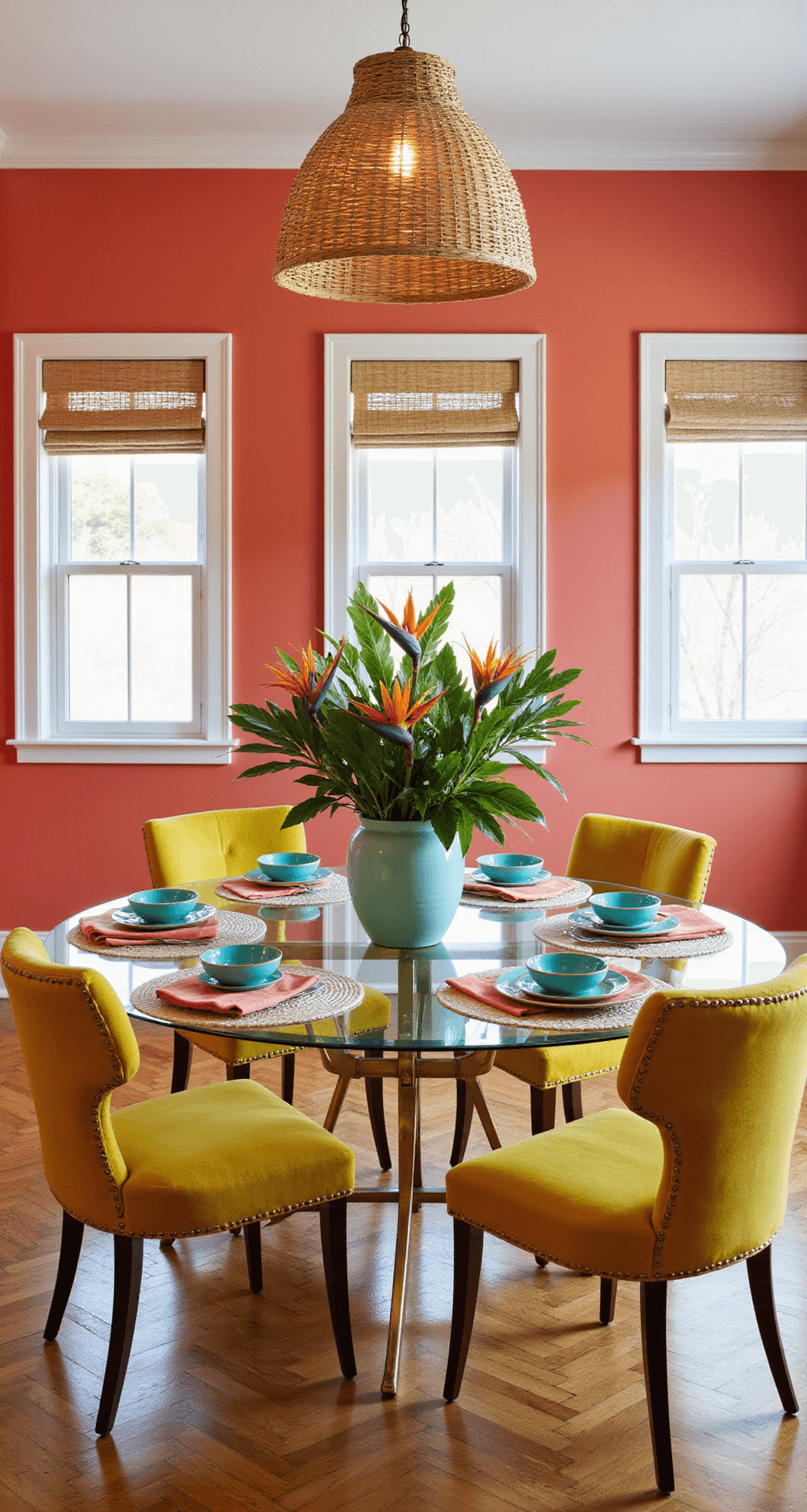 A vibrant mid-morning dining room showcasing a glass-topped table with a brass base surrounded by mustard yellow velvet and rattan chairs, against a bold coral wall. A large ceramic vase with birds of paradise serves as a tropical centerpiece on a layered table setting with turquoise plates and coral napkins, illuminated by natural and warm artificial light.