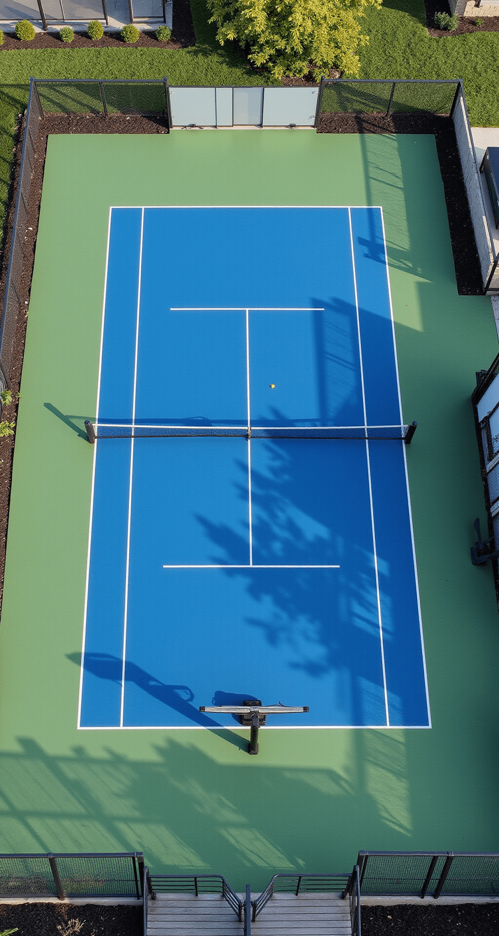 Aerial view of a modern multi-sport court featuring a deep blue surface with white line markings, surrounded by artificial turf, aluminum fencing, retractable basketball hoops, removable tennis nets, sleek LED lighting, glass windscreens, and contemporary bench seating.