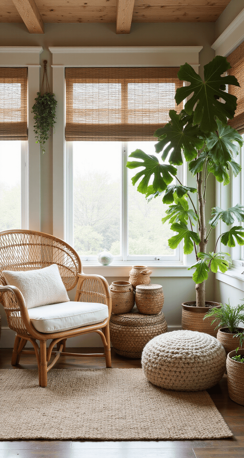 A light-filled sunroom with floor-to-ceiling windows, featuring a rattan peacock chair, a chunky knit pouf, and layered kilim and jute rugs, all illuminated by soft morning light.