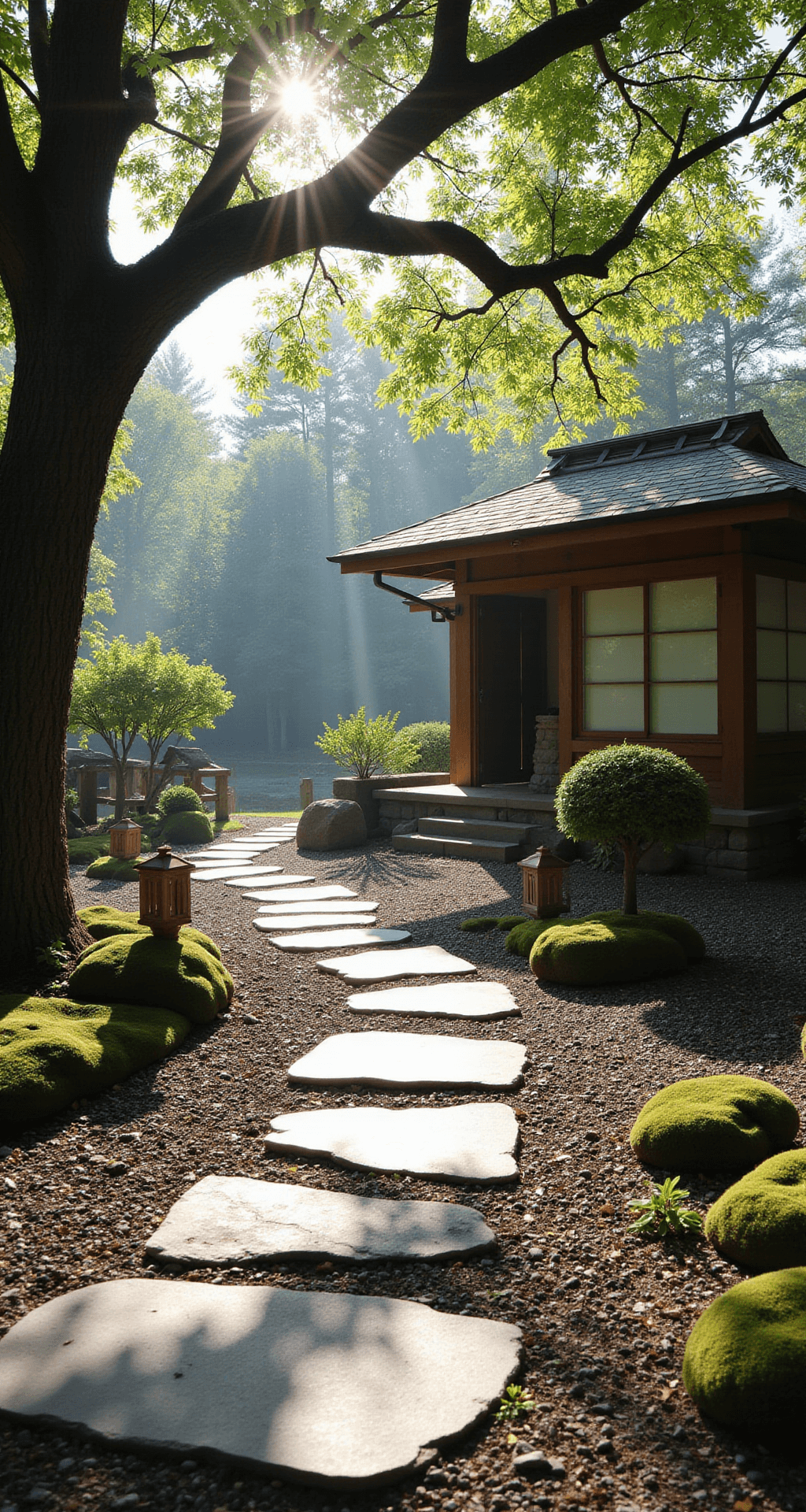 A serene Japanese-inspired meditation garden at dawn, featuring a winding slate stone pathway over raked gravel, a wooden tea house with shoji screens, stone lanterns, a bamboo water feature, pruned cloud topiary, and rising mist creating an ethereal atmosphere.