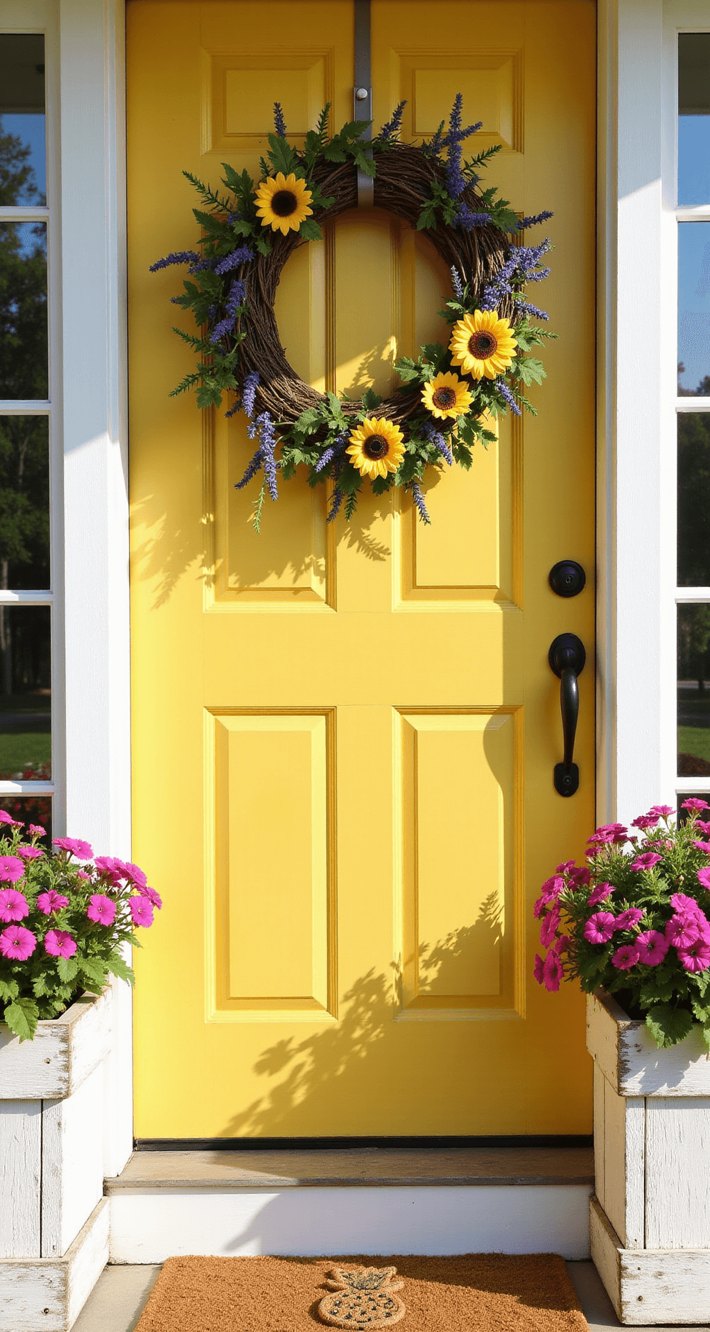Summer Front Door Decor Ideas: Brighten Up Your Entryway! A bright yellow front door with a large grapevine wreath decorated with faux sunflowers and lavender, surrounded by whitewashed planters filled with pink and purple petunias, set on a sunlit porch.