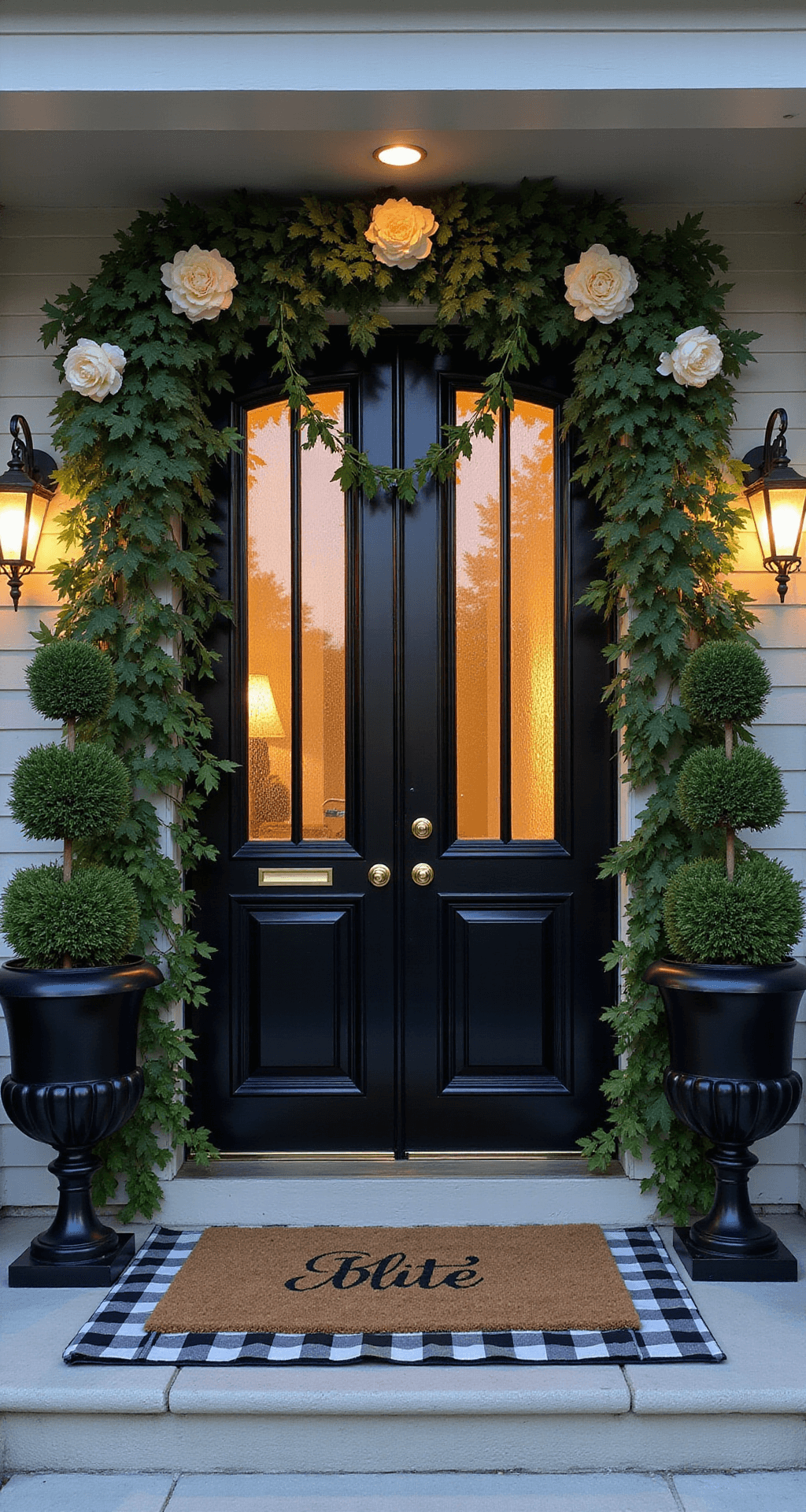 An elegant formal entryway at dusk featuring glossy black double doors adorned with a lush green boxwood swag and cream silk peonies, flanked by black urns with topiaries, and a black and white checkered doormat, illuminated by warm porch lights.