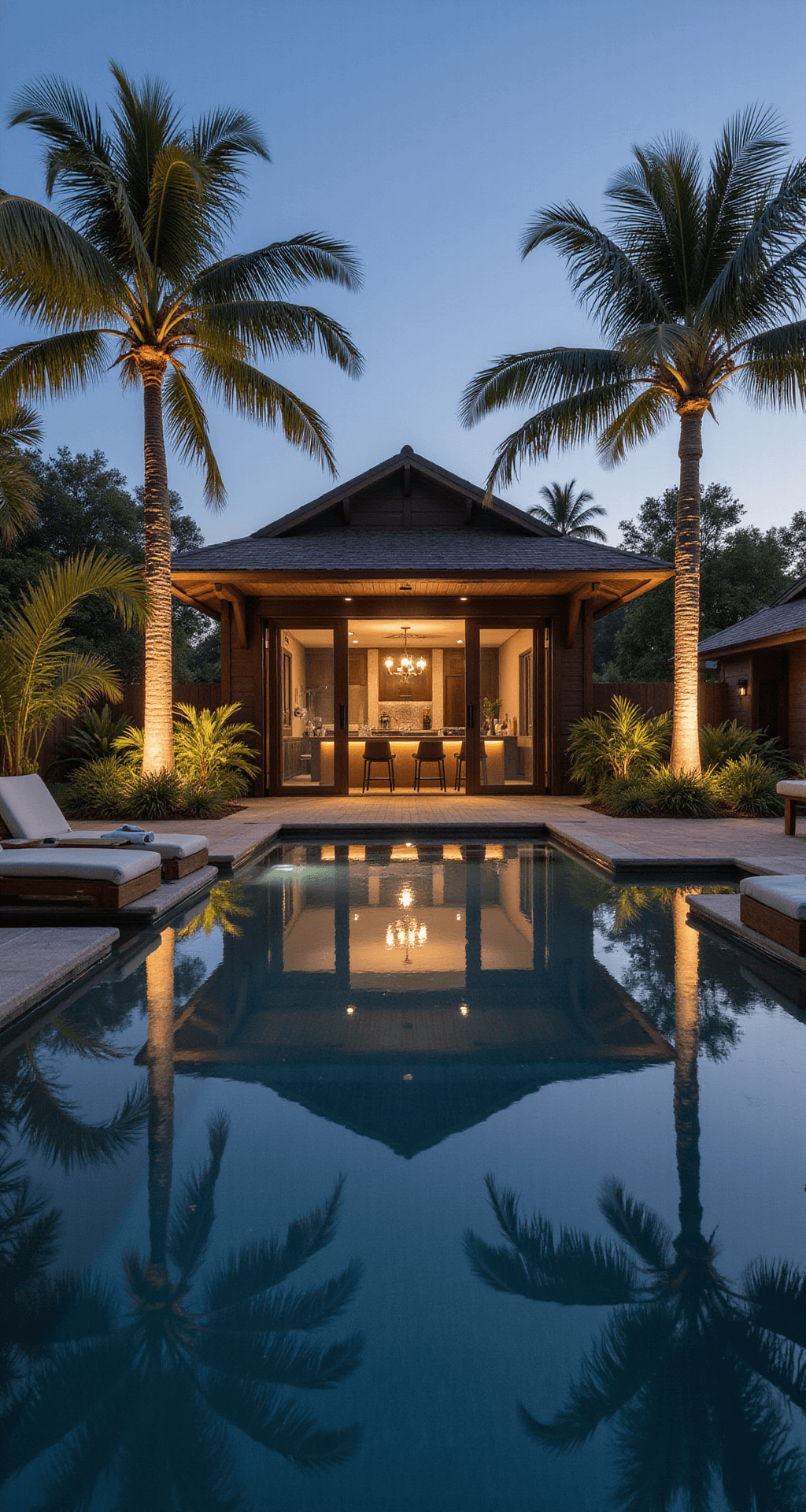 Late afternoon view of a resort-style infinity edge pool with a dark bottom finish reflecting the sunset, surrounded by floating wooden sundeck platforms with modern chaise lounges, a contemporary cabana with retractable glass walls, and lush tropical landscaping featuring palm trees and bird of paradise plants, all highlighted by dramatic uplighting.