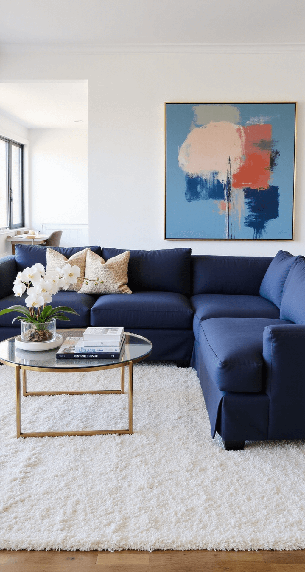 A contemporary open-concept living area featuring crisp white walls, a navy linen sectional, oversized abstract art in blues and corals, a brass and glass coffee table with white orchids, and a white shag rug, all illuminated by bright natural light from floor-to-ceiling windows.