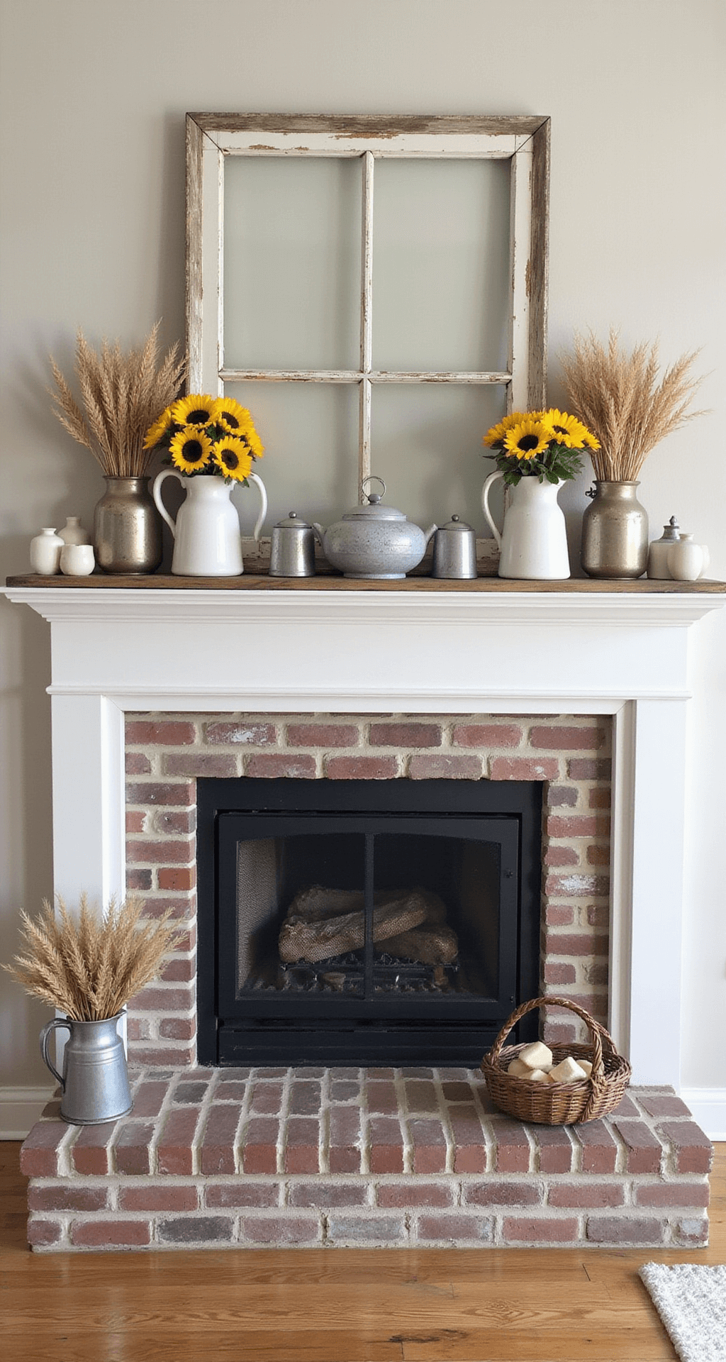 A cozy farmhouse great room featuring a reclaimed wood mantle above a painted brick fireplace, illuminated by morning light. A vintage window frame serves as a focal point, adorned with white ceramic pitchers and natural wheat bundles. Galvanized metal accents and antique milk glass vessels add texture, while sunflowers introduce vibrant yellow against the soft creamy whites and weathered wood. The image is captured straight-on with a shallow depth of field that emphasizes the mantle's details.