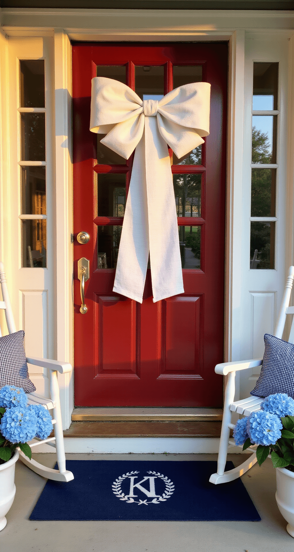 A grand Southern-style porch featuring white columns and a glossy red door adorned with a white linen bow, flanked by rocking chairs with gingham cushions and potted blue hydrangeas, all bathed in warm golden hour light.