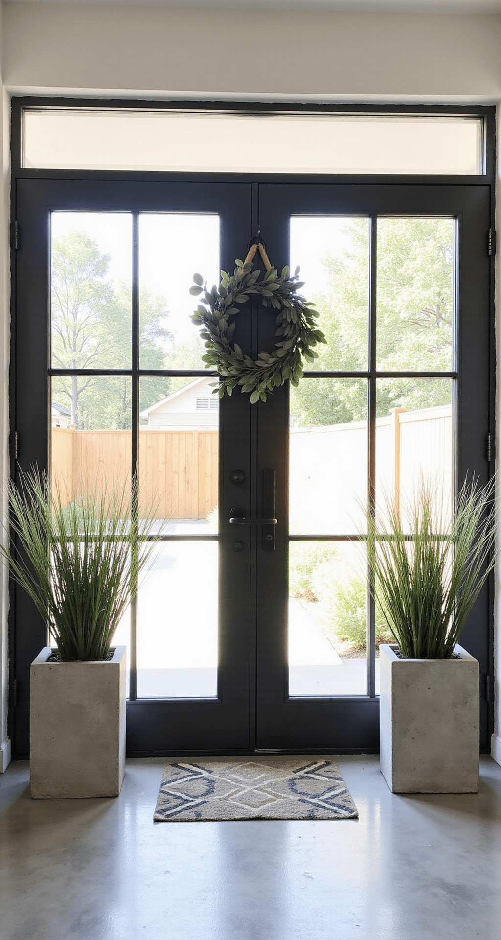 A modern farmhouse entryway at mid-morning, showcasing a tall steel and glass door with a minimalist olive and eucalyptus wreath, flanked by concrete planters with ornamental grasses, all viewed from inside the house with bright natural light casting shadows.
