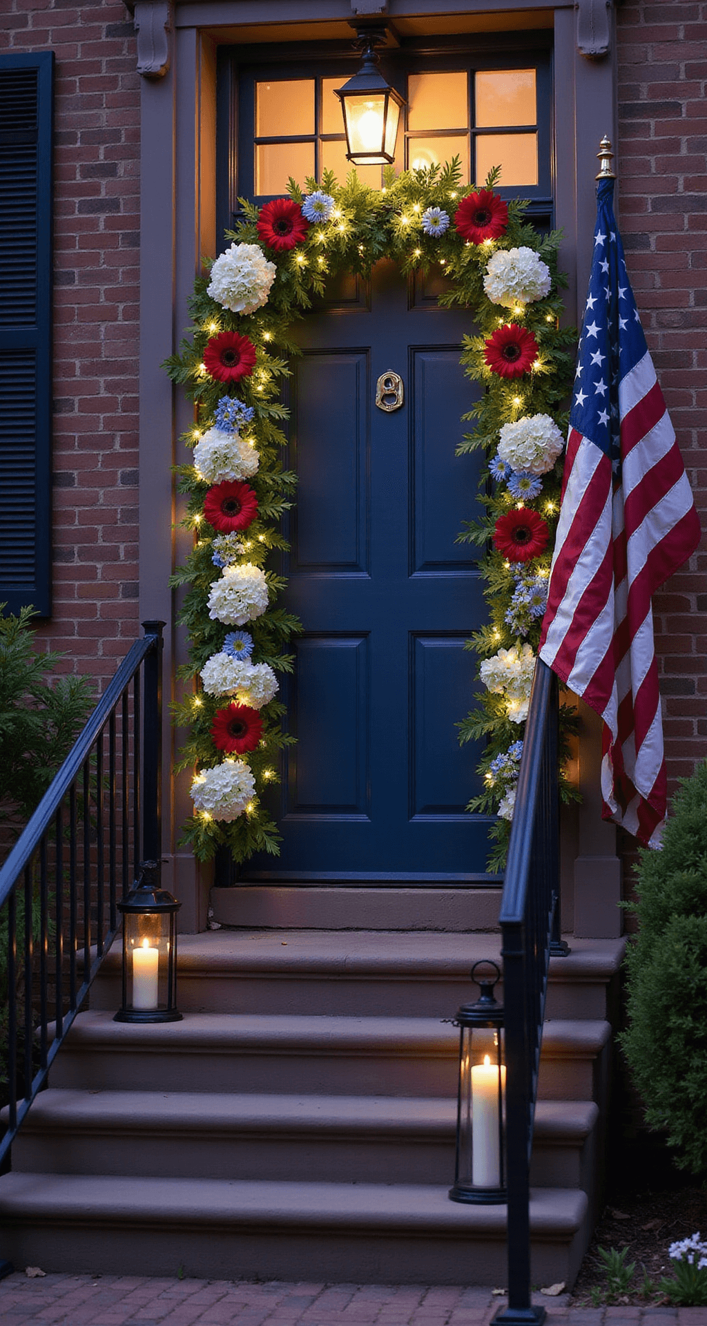 A cozy brownstone stoop at twilight featuring a navy blue door adorned with a patriotic-themed swag of white hydrangeas, red gerbera daisies, and blue delphinium, illuminated by twinkling fairy lights. Flanking the door are lanterns with flameless candles, and a vintage American flag leans in the corner, all under a softly glowing twilight sky.