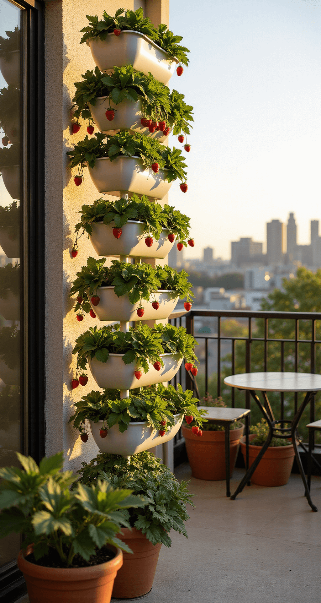 A sun-drenched urban balcony at golden hour featuring a tall 6-tier strawberry planter overflowing with red berries, terracotta pots of herbs on the railing, and a small bistro set, with a soft-focus city skyline in the background.