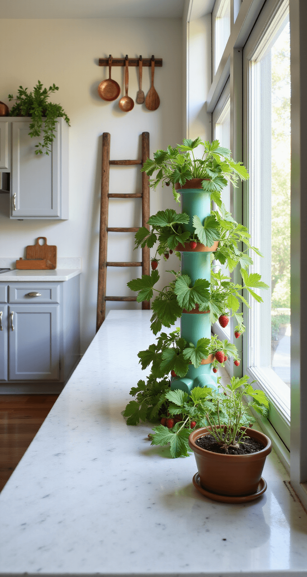 A narrow galley kitchen with large windows, featuring a tall DIY strawberry tower on a white quartz countertop, copper utensils on pale gray cabinets, and a vintage ladder herb garden, all illuminated by mid-morning light for a bright farmhouse atmosphere.