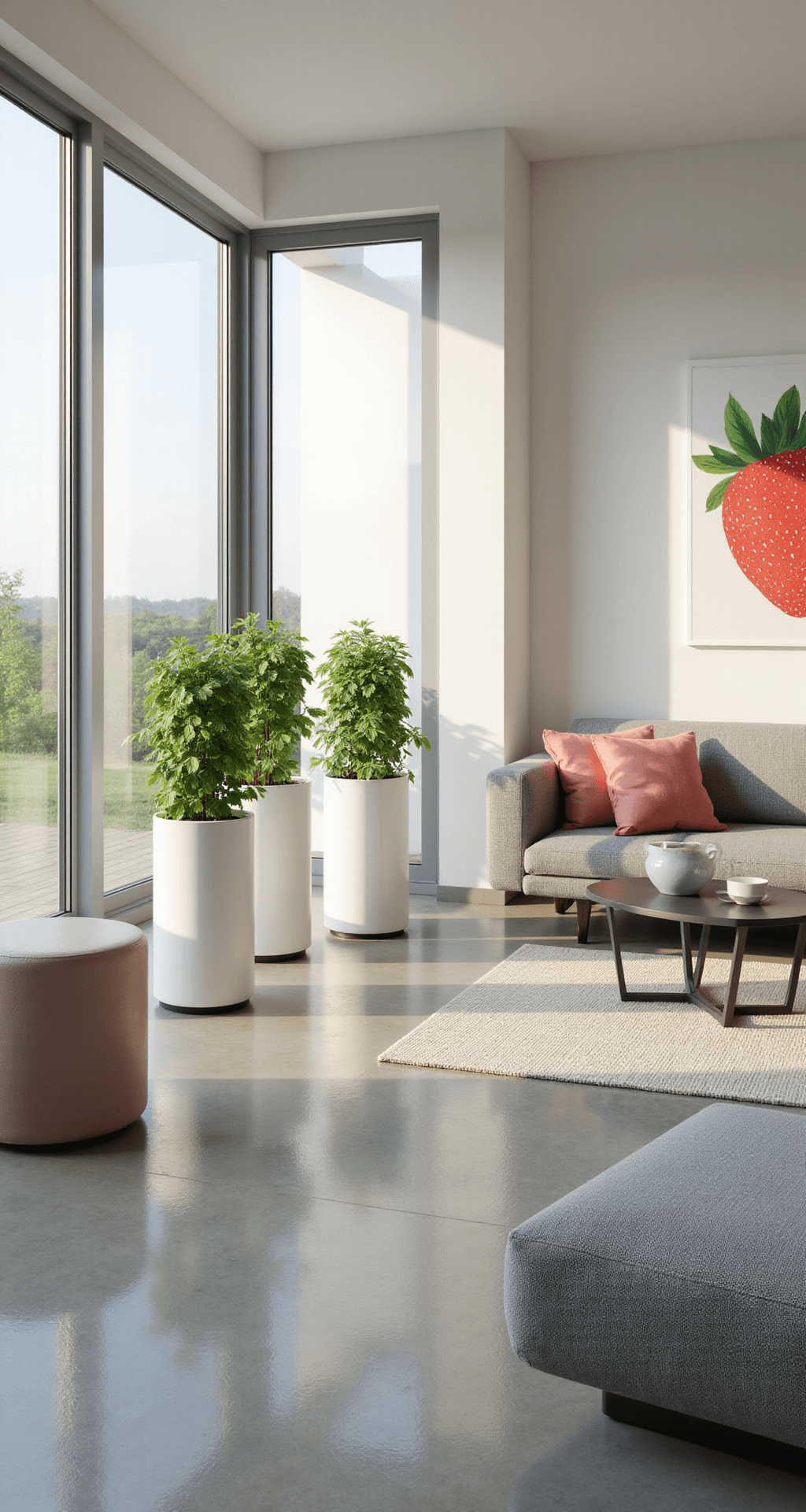 A bright, minimalist living room with floor-to-ceiling windows, showcasing sleek white cylindrical strawberry towers clustered near the light. A low-profile gray sectional sofa faces a geometric coffee table, all set against polished concrete floors and abstract art on white walls. The scene is illuminated by late morning sunlight, creating a fresh, airy atmosphere.