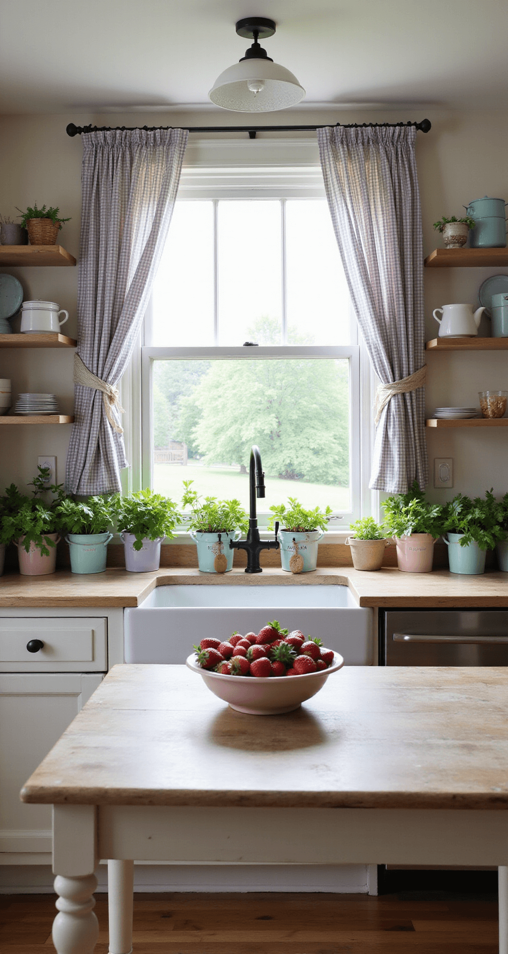A charming cottage kitchen features a large farmhouse sink and DIY pastel-painted bucket planters overflowing with strawberries, bathed in soft morning light. Open shelving displays vintage enamelware, while a weathered wooden table holds a bowl of fresh strawberries. Gingham curtains gently sway in the breeze, creating a cozy atmosphere.