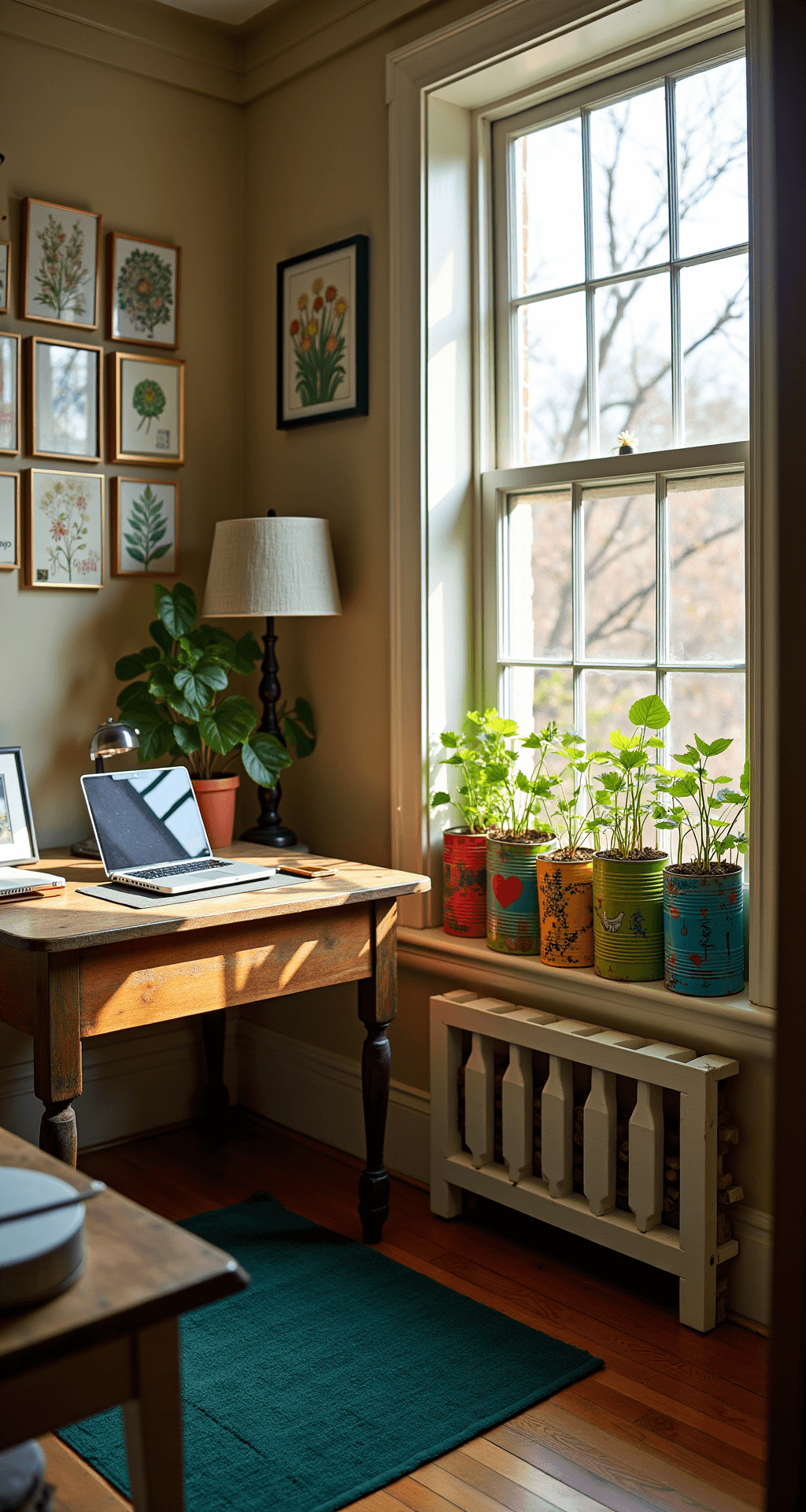 A cozy, eclectic home office bathed in golden afternoon light, featuring a window turned strawberry garden with colorful tin can planters, a reclaimed wood desk with vintage accessories and a modern laptop, botanical prints on the left wall, and a deep forest green area rug on hardwood floors.