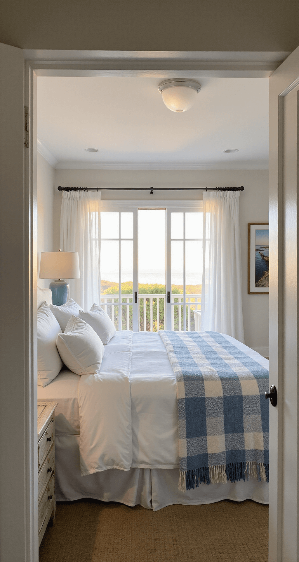 A serene master bedroom showcasing a king bed with white linens and blue striped throws, framed by French doors leading to a balcony. Whitewashed nightstands with sea glass blue lamps complement the coastal landscape gallery wall. The low camera angle captures the billowing gauzy curtains and warm golden hour lighting, creating a dreamy atmosphere.