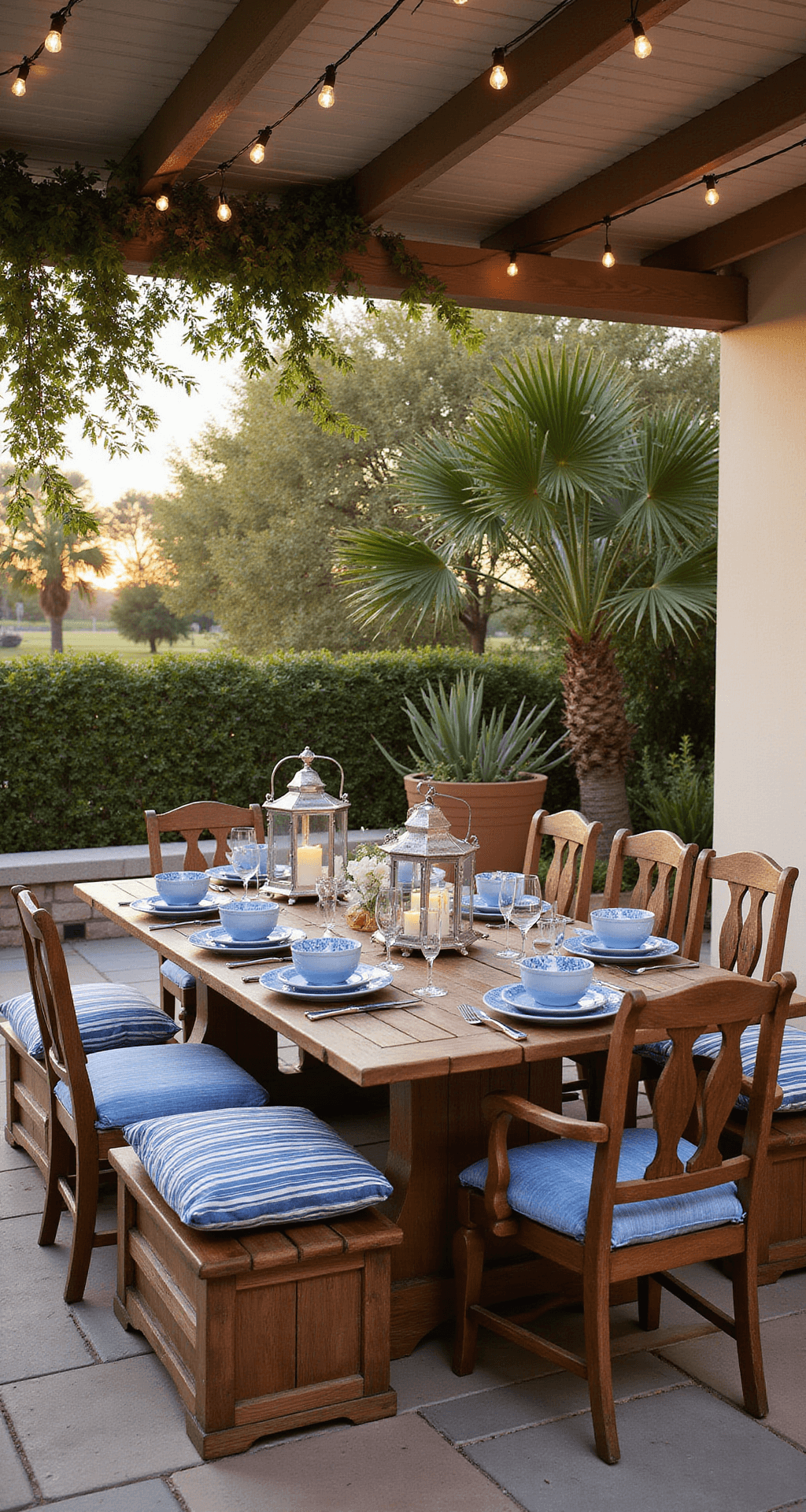 A cozy al fresco dining terrace at sunset featuring a weathered teak table set with blue and white dinnerware, surrounded by mixed seating and framed by potted palms and citrus trees, illuminated by warm string lights and large hurricane lanterns with flameless candles.
