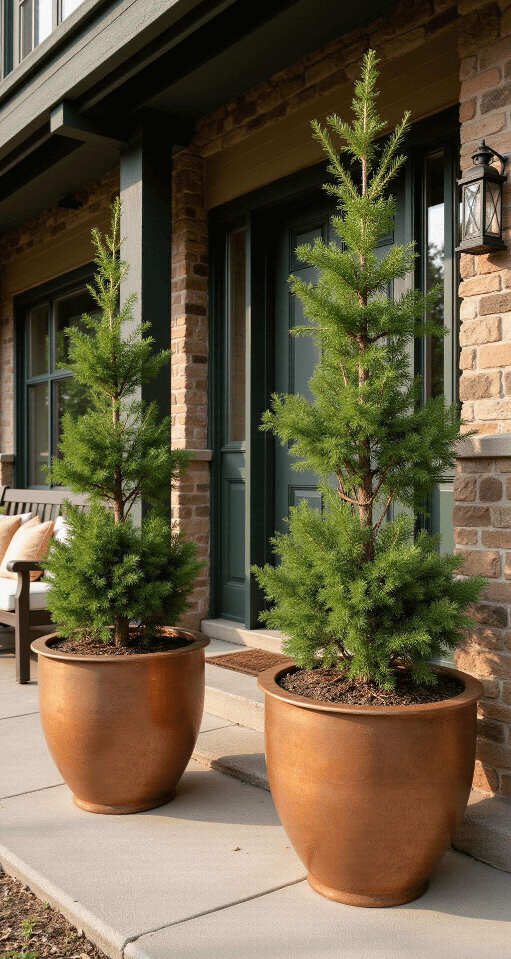 A warm, inviting Craftsman-style front porch featuring a dark green wooden door flanked by two 36-inch copper planters filled with dwarf Alberta spruce trees, with a cozy bench and vintage lantern, bathed in soft afternoon sunlight.