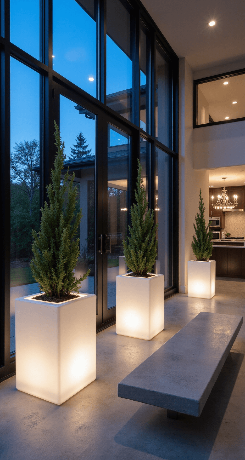 An ultra-modern entryway featuring a sleek black pivot door, floor-to-ceiling windows, and two towering white planters with snake plants and silver falls dichondra, complemented by a floating concrete bench, all bathed in twilight's cool blue light and warm LED uplighting.