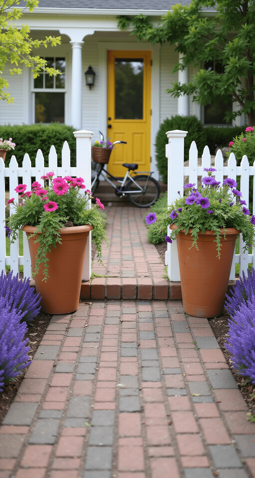 A charming cottage entrance featuring a yellow door, distressed terracotta planters full of pink petunias and purple verbena, a winding brick path lined with lavender, and a vintage bicycle adorned with fresh flowers, all under soft morning light.