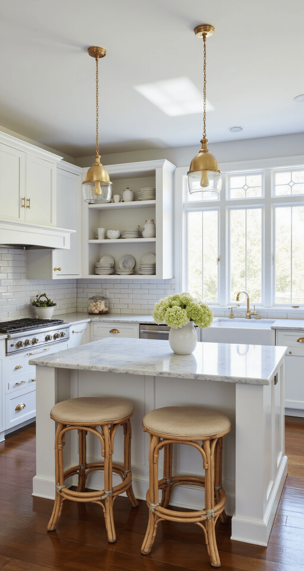 Bright coastal kitchen bathed in morning light, featuring shaker cabinets in Simply White, quartzite counters with blue veining, open shelving with white ceramics and sea glass, rattan stools at a marble island, brass fixtures, and fresh hydrangeas in a white vase.