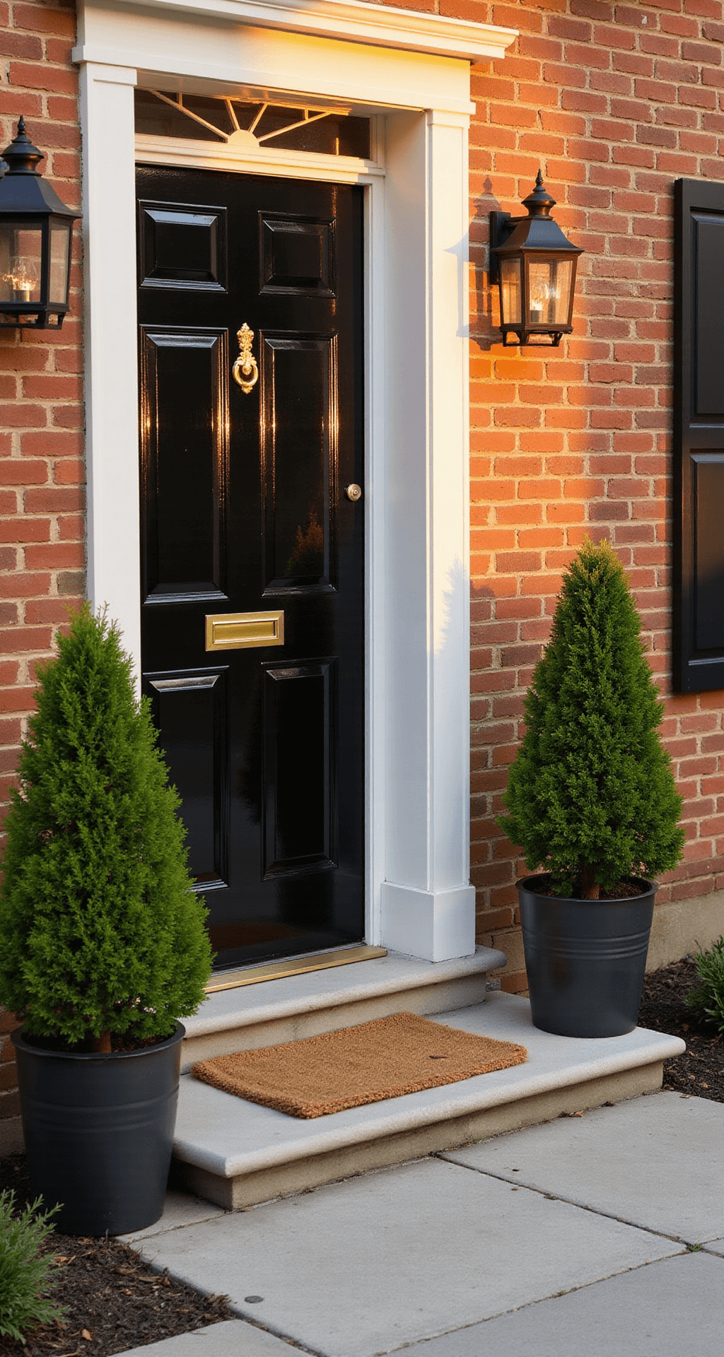 An elegant Georgian-style entrance featuring a glossy black door with a brass knocker, framed by stately lead planters holding pruned boxwood topiaries. Gas lanterns glow warmly on either side of the door, while limestone steps with a sisal runner are illuminated by golden hour light, creating a sophisticated ambiance.