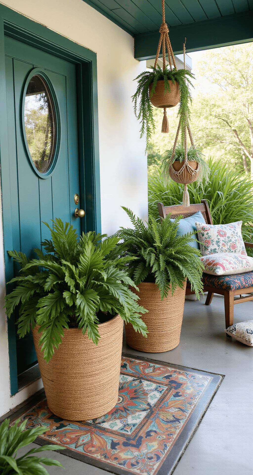 A bohemian-inspired front porch featuring teal-painted door, woven rattan planters with lush greenery, colorful Moroccan tile floor, macramé plant hangers, and a vintage peacock chair with mismatched throw pillows, all under bright natural lighting.