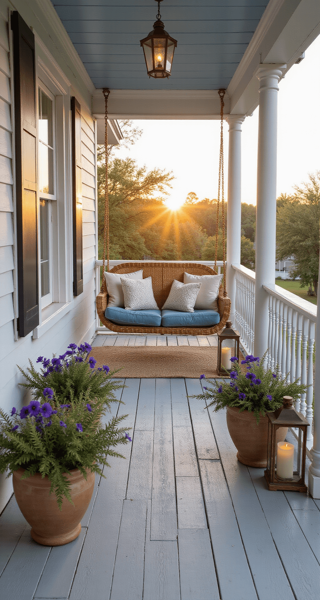 A sun-drenched wraparound porch features weathered whitewashed floorboards, a vintage rattan swing with coastal blue cushions, and two oversized ceramic planters bursting with purple petunias and silver dichondra, captured at golden hour with long shadows and ambient lighting from copper lanterns.