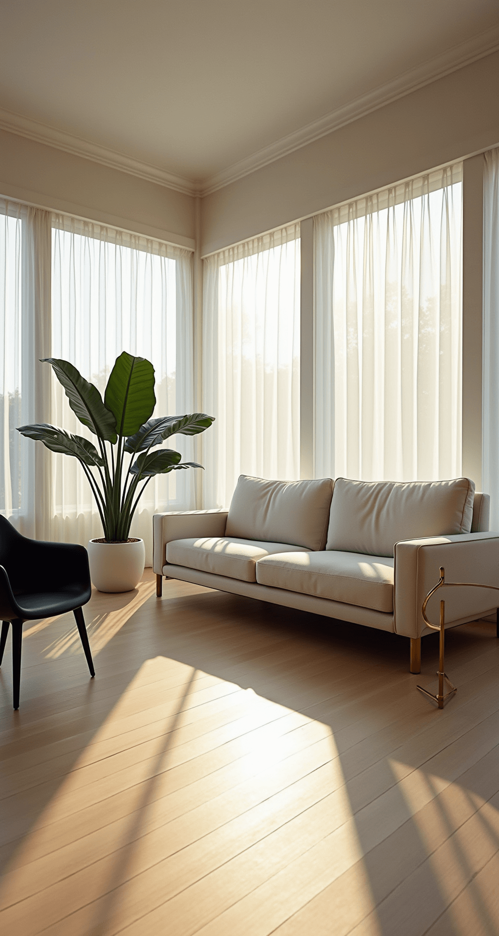 A modern minimalist sunroom featuring floor-to-ceiling windows, a cream linen sectional, matte black Eames chairs, and a large monstera plant, all bathed in golden hour light with long shadows on bleached oak flooring.