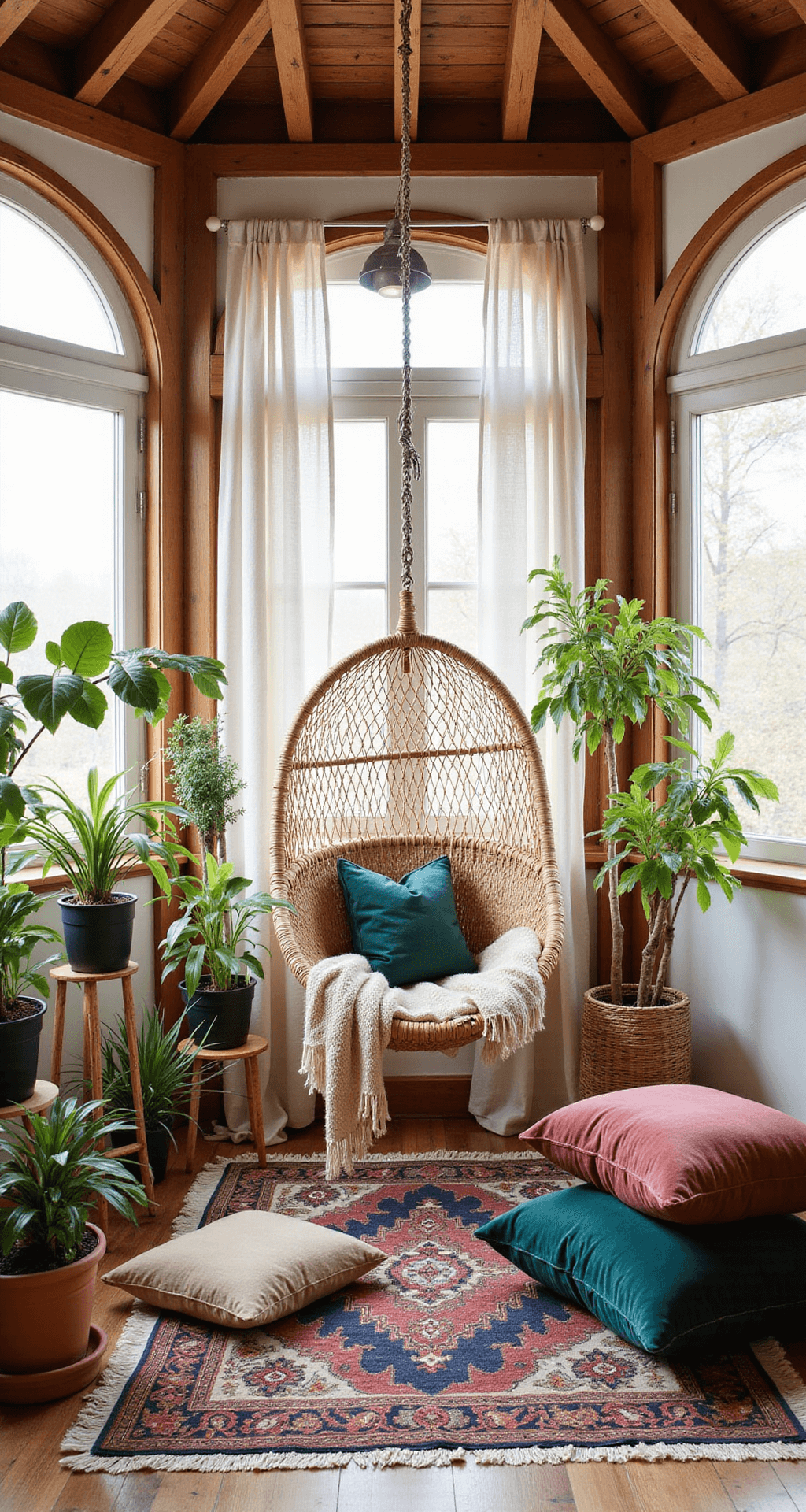 Bohemian sunroom retreat featuring arched windows, a rattan hanging chair with a macramé throw, layered vintage rugs, bamboo plant stands, and stacked floor cushions in rich jewel tones, all bathed in soft diffused light.