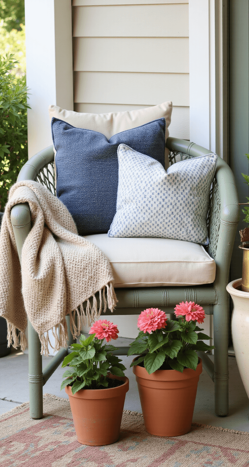 Intimate morning porch scene featuring a sage green antique wicker armchair, a distressed cream ceramic side table, and layered textiles including indigo and white mudcloth pillows and a chunky oatmeal knit throw. There are a trio of terracotta pots with blooming coral pink geraniums, a vintage brass watering can, and a muted earth tones Turkish kilim rug. The shot is softly lit and captures rich textures.