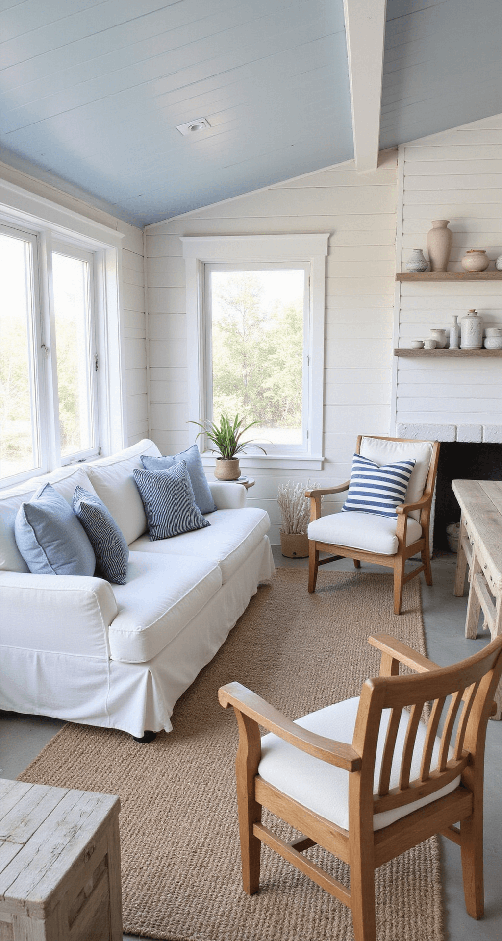 A beautifully decorated coastal-inspired sunroom featuring whitewashed shiplap walls, a pale blue-grey ceiling, a white slipcovered sofa, weathered teak armchairs, and a jute rug over painted concrete floors, with blue-and-white striped cushions and ceramic vases. Sea glass is displayed on floating shelves, all captured in bright afternoon light from a high angle.