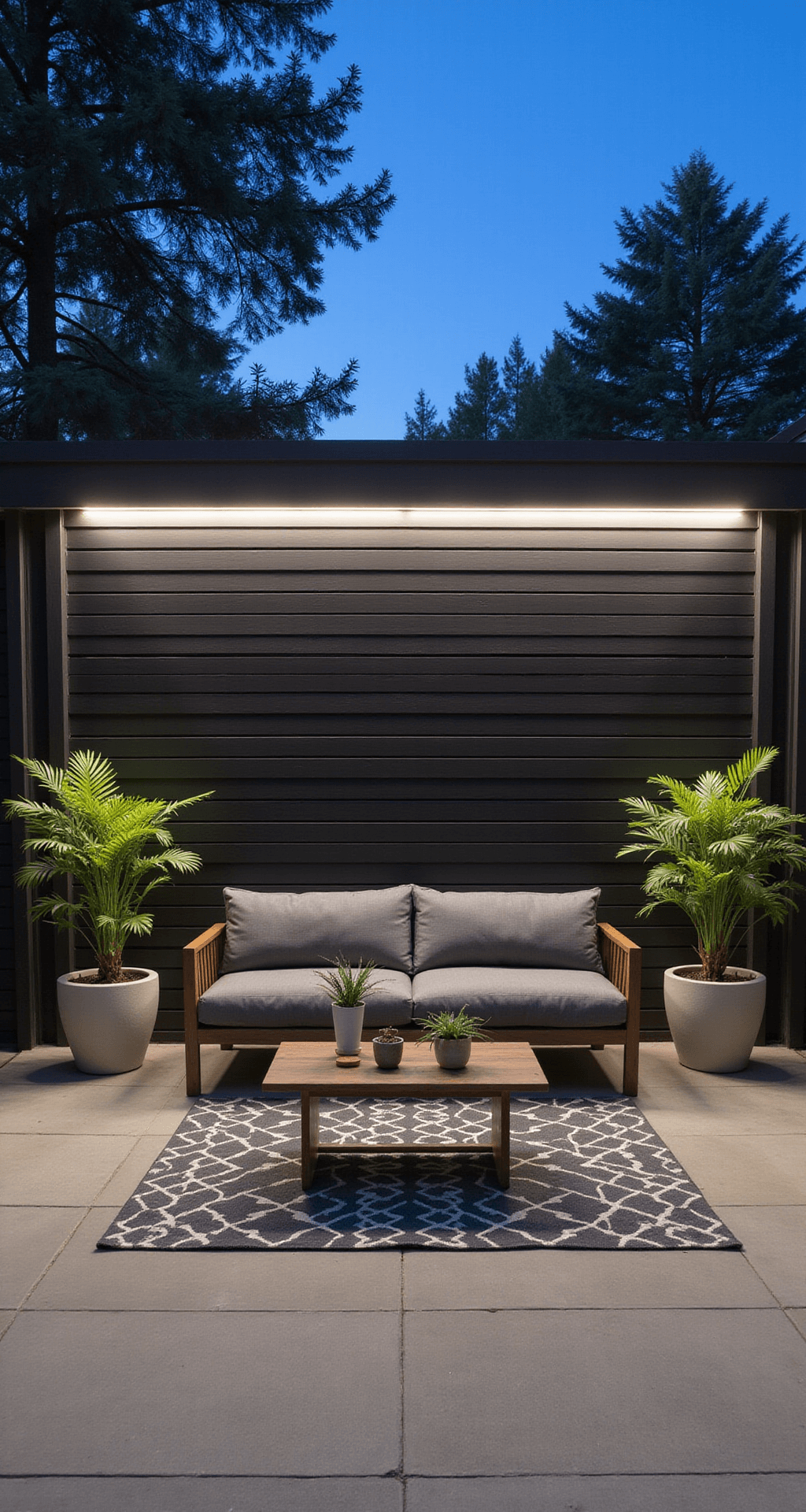Contemporary porch seating area featuring a low-profile gray outdoor sofa against a modern slat wall, framed by minimalist concrete planters with snake plants and ferns, and a geometric rug, illuminated by LED strip lighting.