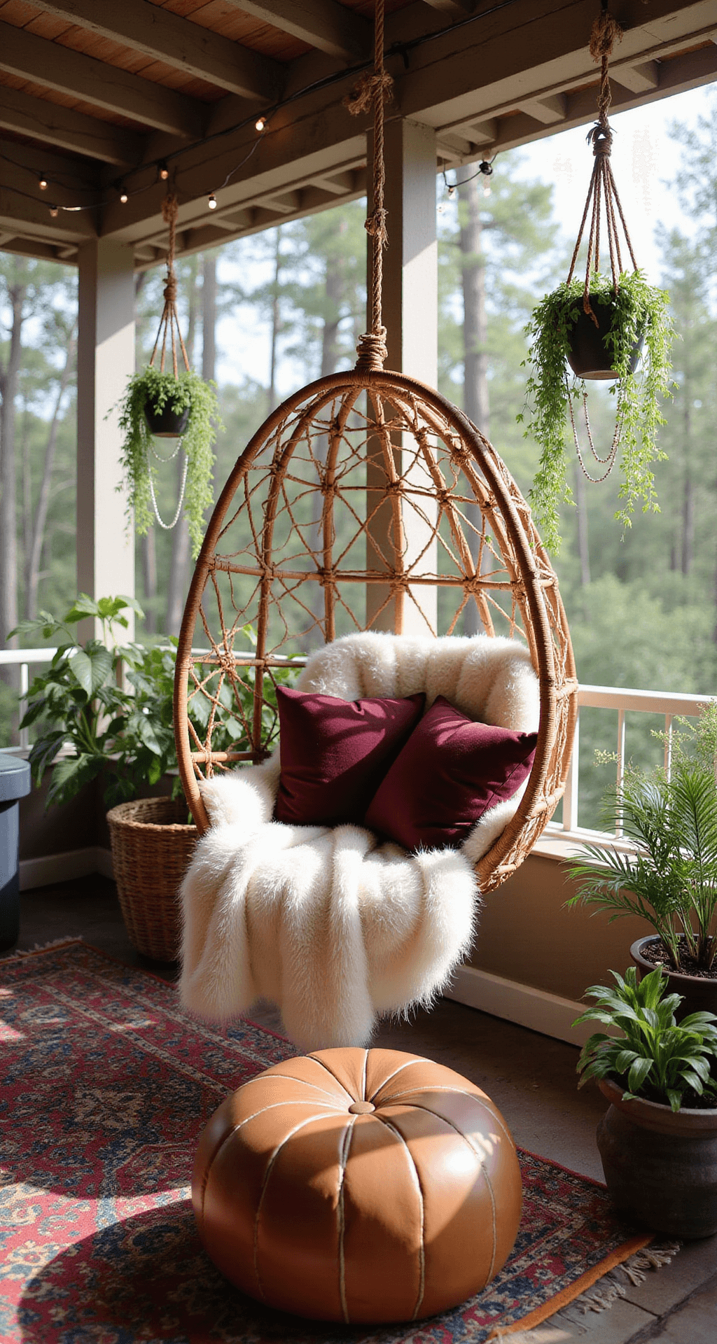 A cozy bohemian porch corner featuring a suspended rattan egg chair draped with a cream sheepskin throw and burgundy velvet pillows, surrounded by macramé plant hangers with trailing plants, a cognac brown Moroccan leather pouf on a vintage overdyed rug, and soft string lights illuminating the intimate space.