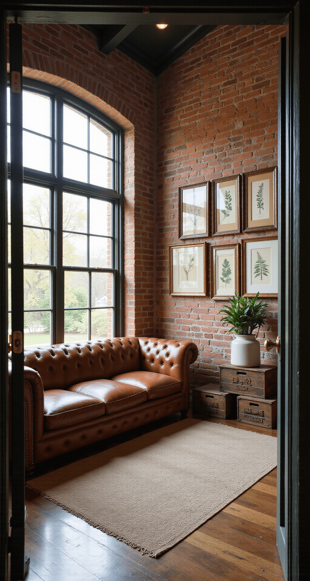 A cozy farmhouse sunroom sanctuary with exposed brick walls and salvaged window frames, featuring a leather Chesterfield sofa, antique milk crates, and a gallery wall of botanical prints, illuminated by warm morning light.