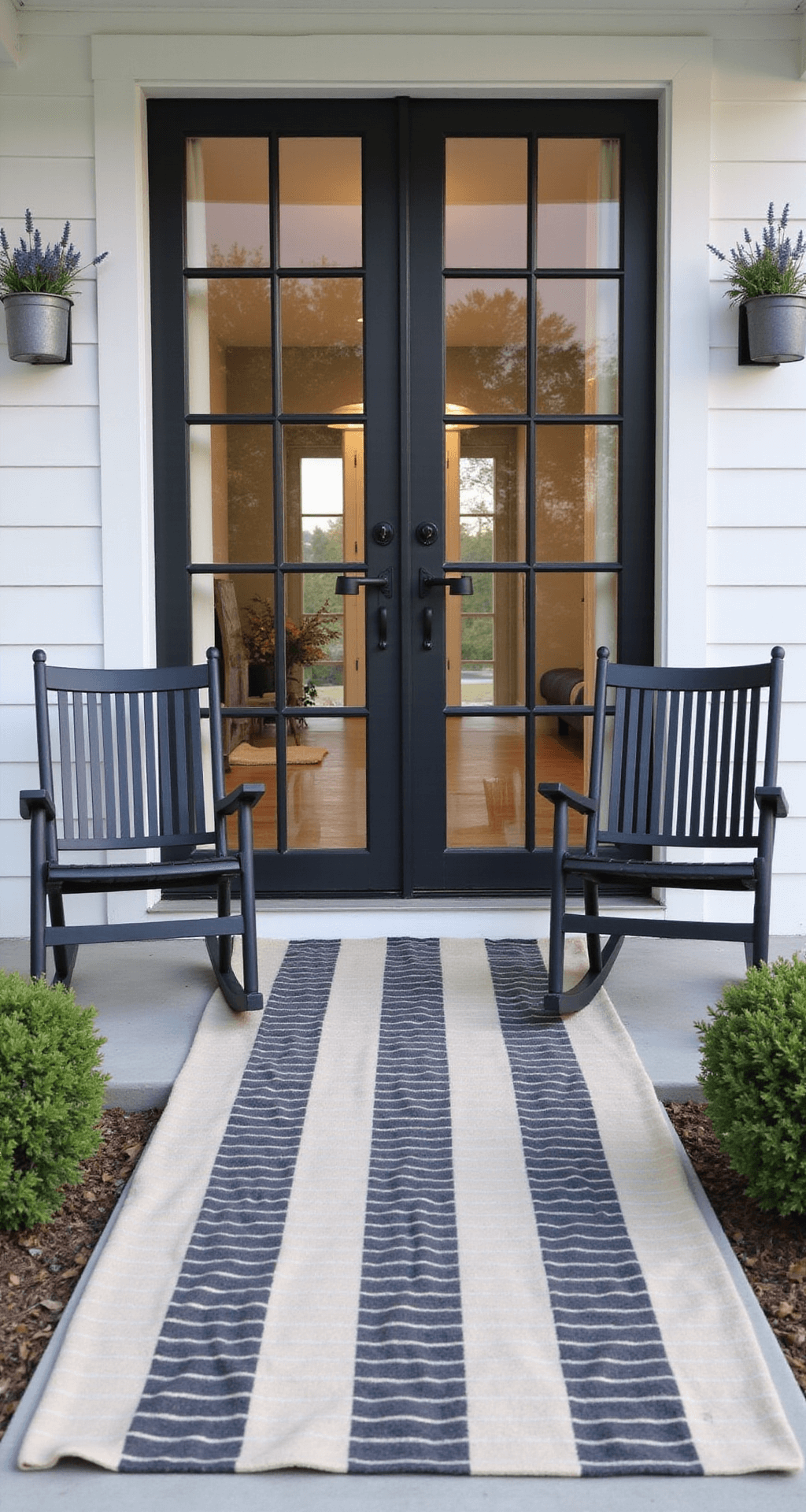 A modern farmhouse porch featuring black steel-framed French doors, flanked by galvanized planters filled with lavender, with a striped charcoal and cream runner leading to matte black rocking chairs, all set against white shiplap walls and industrial sconces, captured during morning blue hour.