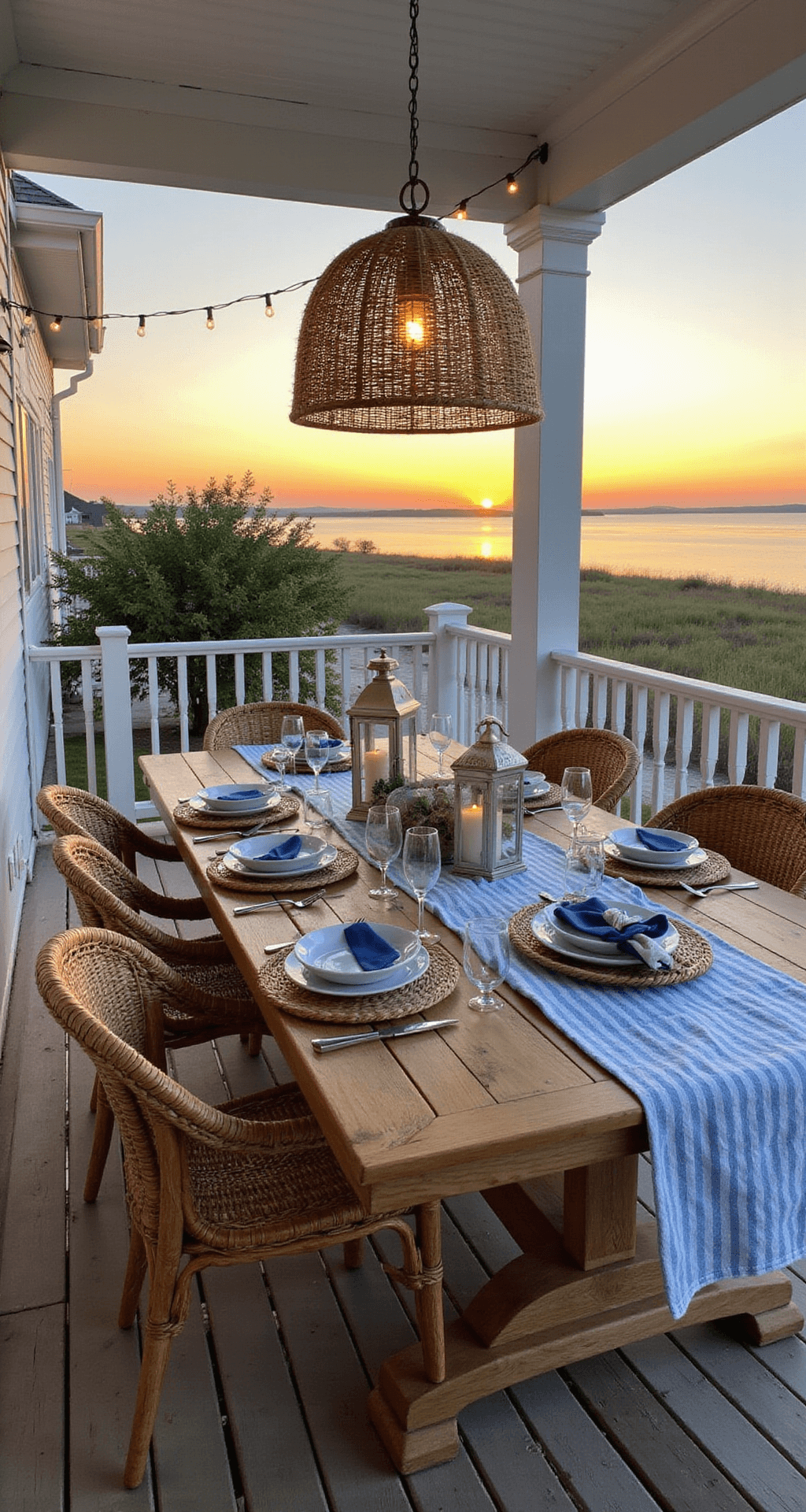 Coastal-inspired porch dining area at sunset with a weathered teak table for six, woven water hyacinth chairs, blue and white striped tablecloth, rattan chargers, and navy linens, illuminated by string lights and hurricane lanterns.