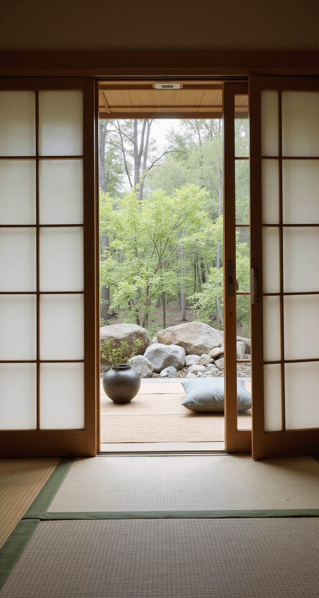 Zen minimalist sunroom featuring Japanese sliding doors, low-profile floor cushions on a bamboo mat, and a view of a rock garden. Simple ceramic vessels with ikebana arranged decoratively, natural reed blinds softening morning light, all captured from tatami mat level emphasizing negative space and balanced earthy tones with sage green accents.