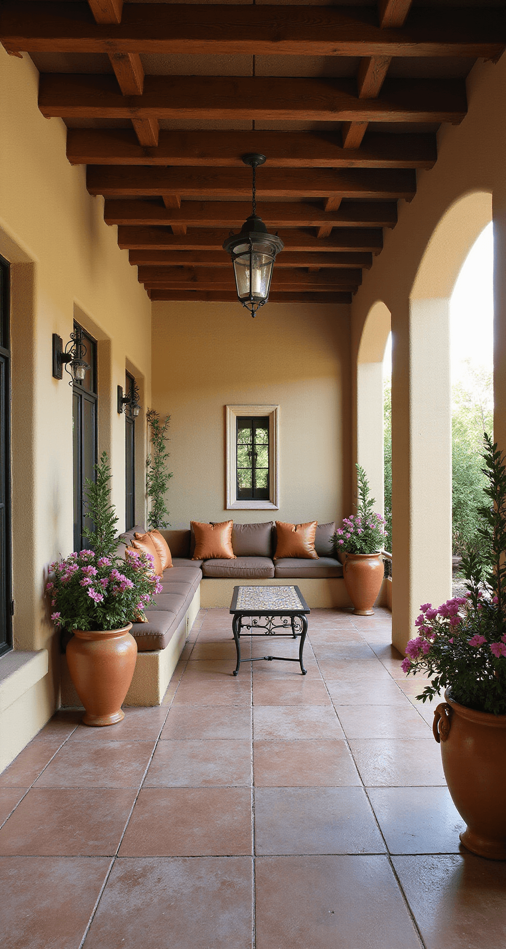 Mediterranean-style covered porch featuring terracotta tiles, built-in stucco seating with earth-toned cushions, large ceramic urns with bougainvillea and olive trees, wrought iron details, and a mosaic accent table, all captured in diffused midday light showcasing architectural arches.