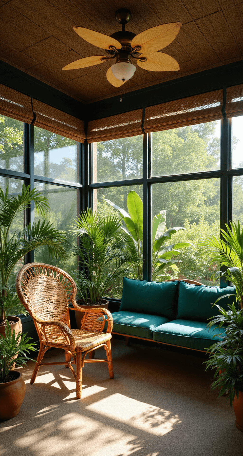 A tropical sunroom featuring panoramic windows, a rattan peacock chair, an emerald velvet settee, and exotic plants, illuminated by late afternoon light and casting dramatic shadows.