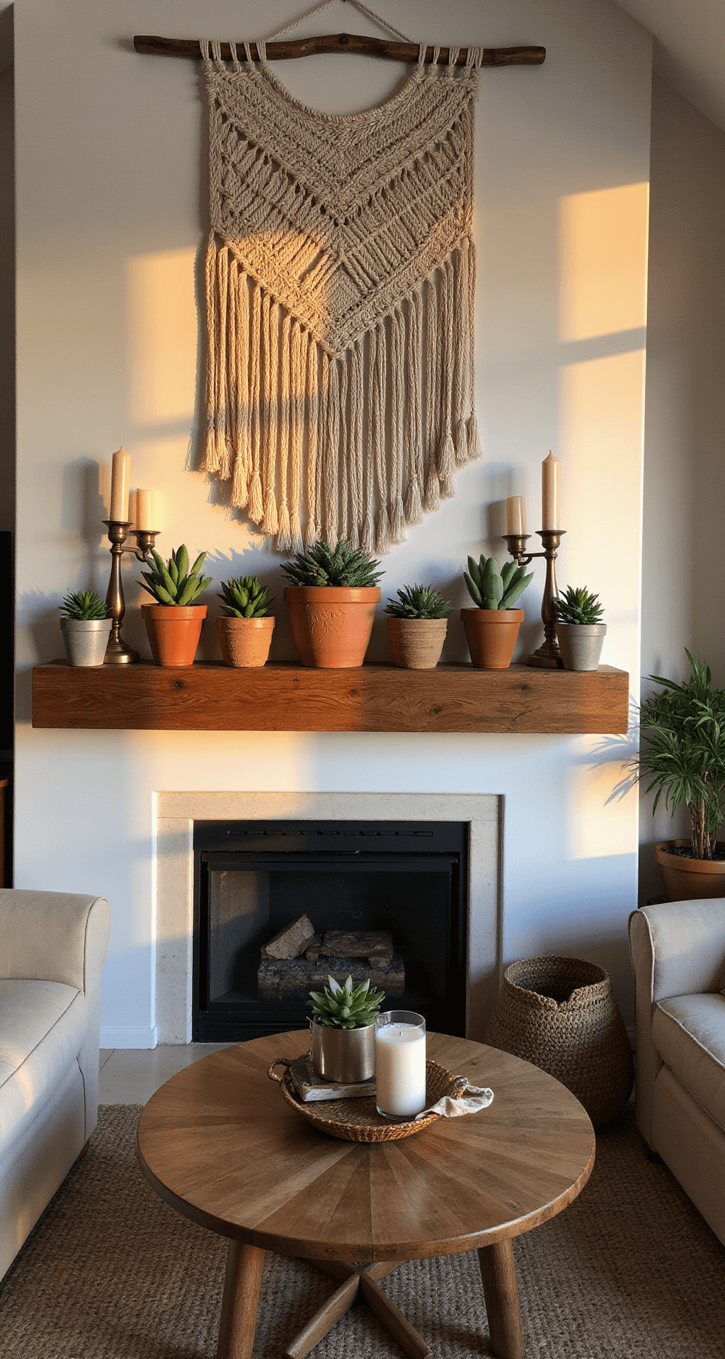 A cozy bohemian living room features a wide rustic wooden mantle adorned with a large macramé wall hanging, surrounded by grouped arrangements of terra cotta pots with trailing succulents, brass candlesticks, and woven baskets, all illuminated by warm amber evening light. The space showcases an earth tone palette with rust, sage, and cream accents, captured from a kneeling angle to highlight vertical elements.