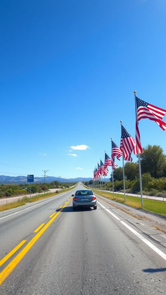 A scenic road with American flags lining the sides, perfect for a 4th of July road trip.