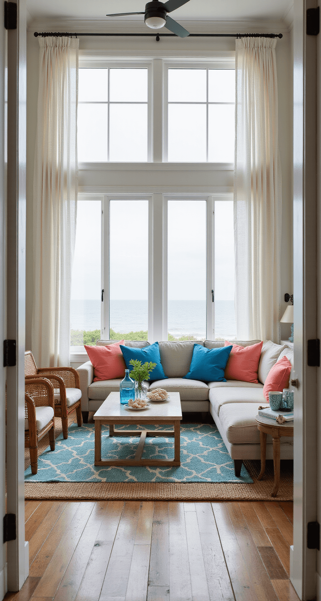 A bright coastal living room featuring a modern sectional in oatmeal linen with colorful pillows, expansive windows with white linen curtains, rattan accent chairs, and a bleached wood coffee table styled with coral and blue glass vases, all bathed in soft mid-morning light.