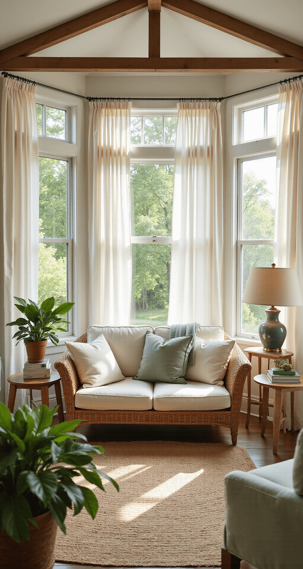 A sunlit sunroom with whitewashed wooden beams, wrap-around windows, and a curved rattan loveseat adorned with cream cushions and sage throws. Natural light filters through sheer curtains, casting shadows on a jute rug, with fiddle leaf figs on wooden side tables and a brass floor lamp in the foreground.