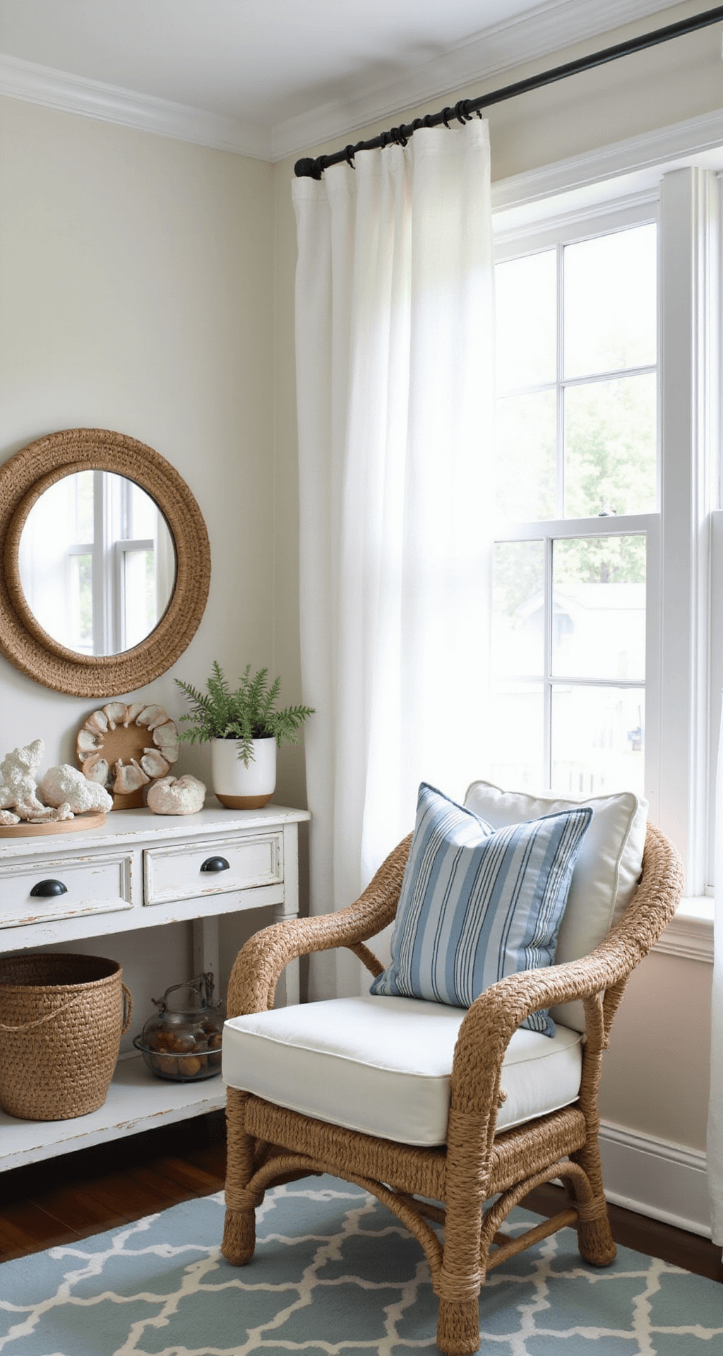 A sun-drenched coastal retreat nook features a chunky woven rope armchair with white canvas cushions and blue stripes, a distressed white wooden console adorned with shells and coral beneath a round rattan mirror, and flowing white curtains, all set on a pale blue geometric rug.