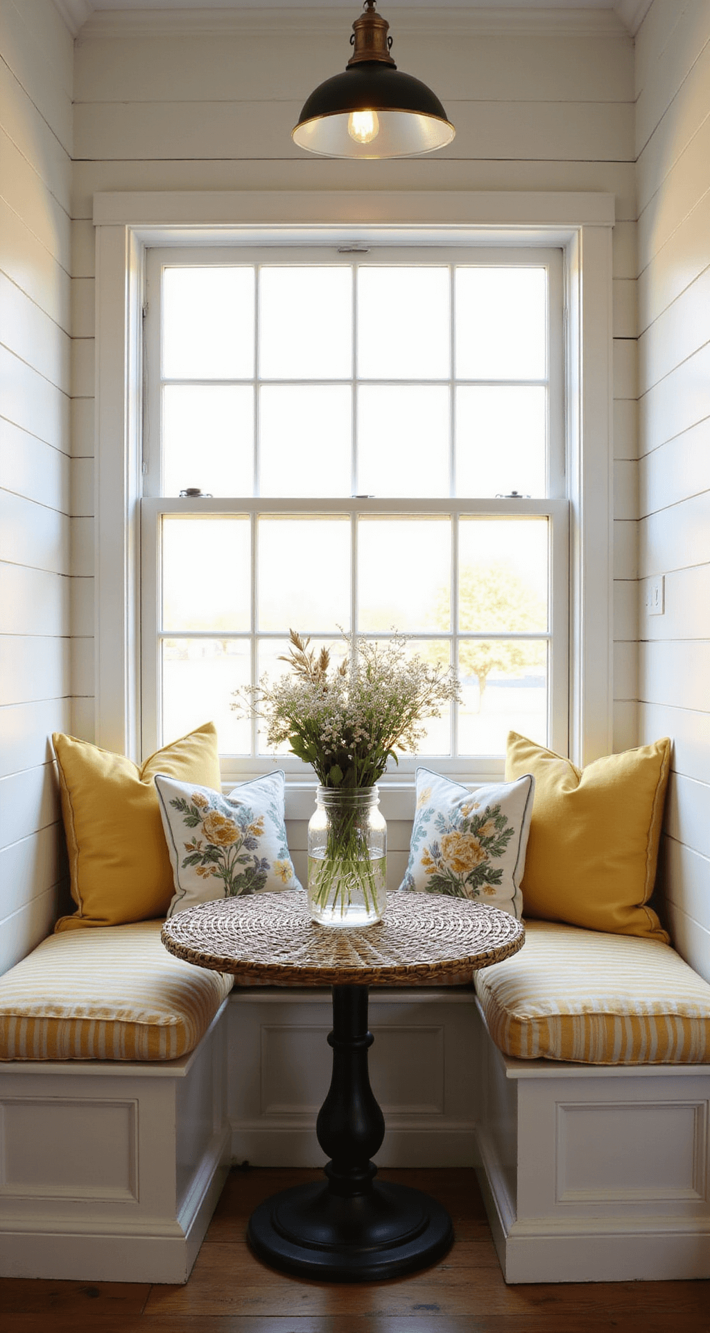 A cozy breakfast nook featuring white shiplap walls, a built-in window seat with yellow striped and botanical print cushions, a round rattan table adorned with wildflowers in a mason jar, and a vintage pendant light, all bathed in warm golden hour light.