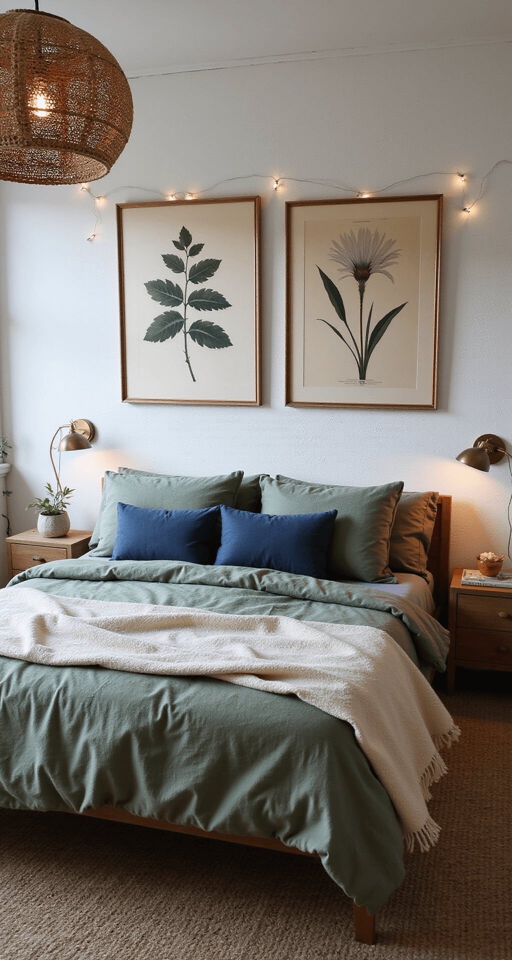A modern bohemian bedroom at twilight featuring white textured walls with oversized botanical prints in brass frames, a king bed dressed in sage green linen bedding and vintage indigo pillows, a rattan pendant light casting geometric shadows, and string lights providing warm ambient glow, captured from an elevated angle near the doorway.