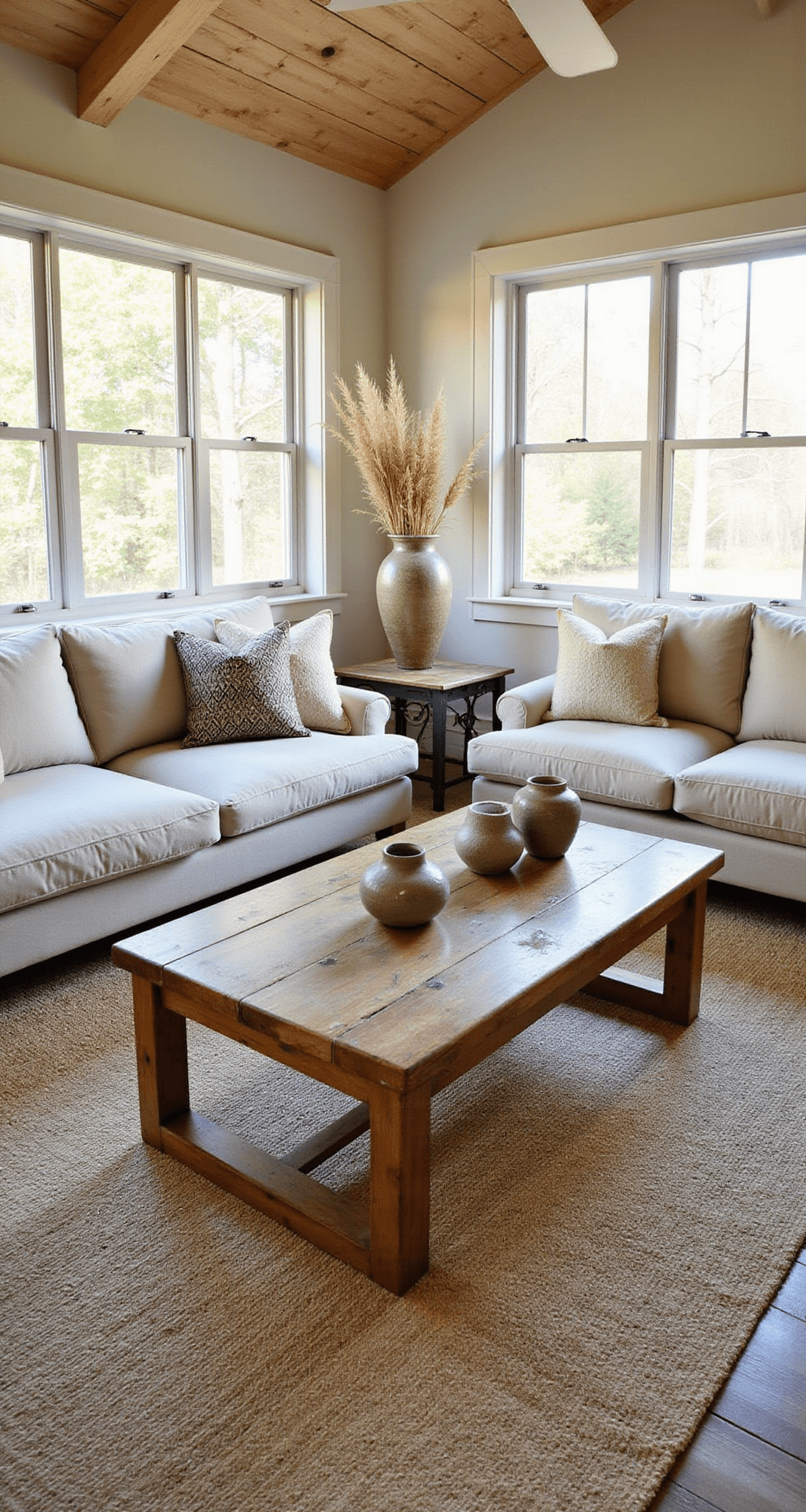 A spacious sunroom with oversized linen slipcovered sofas in oatmeal, arranged in an L-formation on a large sisal rug. A reclaimed teak coffee table is styled with pottery and dried pampas grass, while mixed rattan and metal side tables provide industrial warmth, all illuminated by late afternoon sunlight.