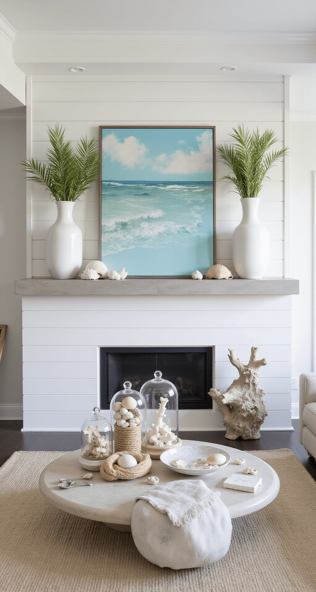 Contemporary beach house interior featuring a floating concrete mantle against a shiplap wall, adorned with an oversized abstract seascape artwork, tall white ceramic vases with palm fronds, and glass cloches holding collected shells and coral specimens, complemented by rope-wrapped vessels and bleached driftwood in a coastal palette of soft aqua, sand, and white.