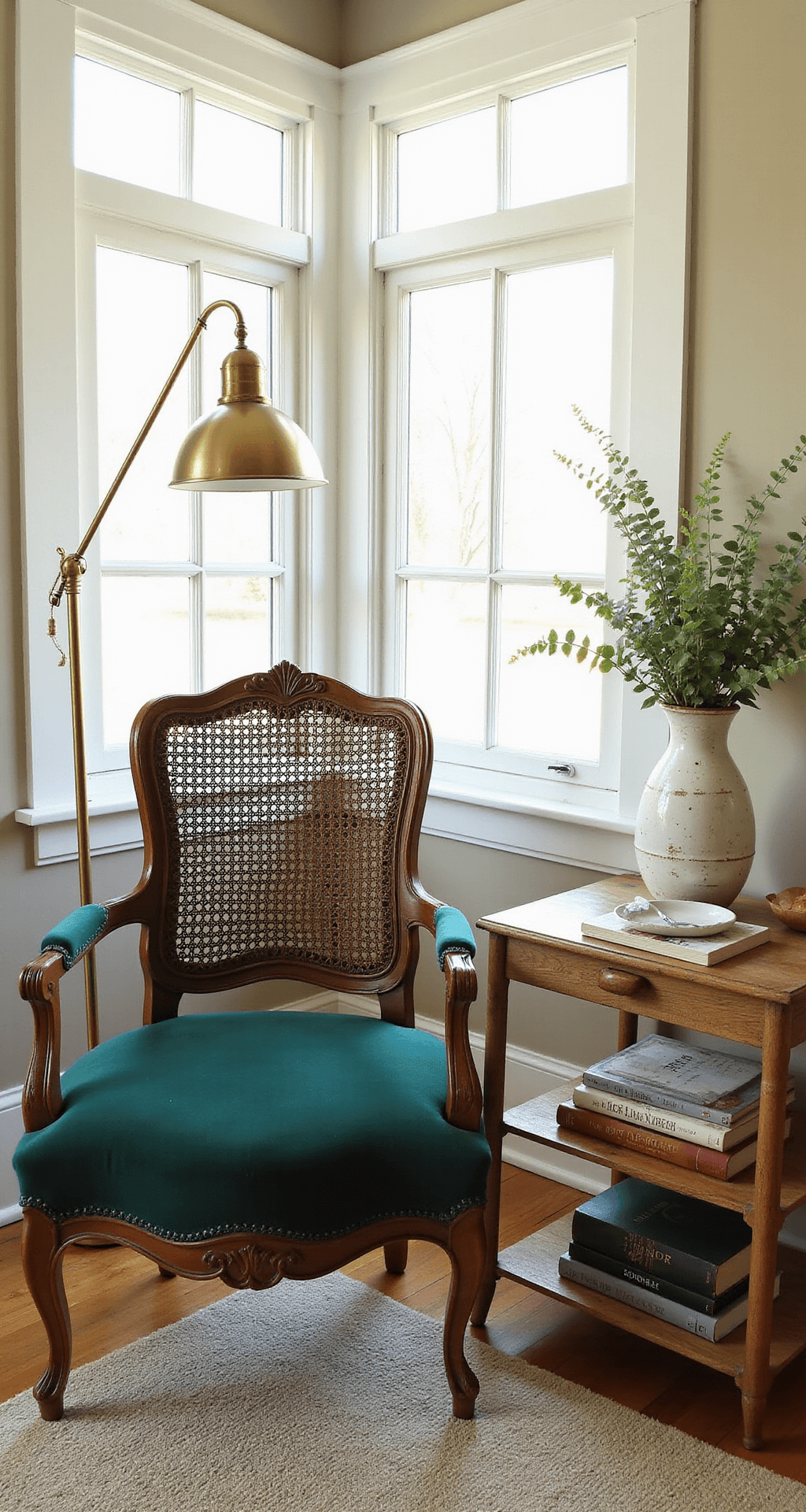 A cozy sunroom alcove featuring an emerald velvet antique armchair next to a brass swing-arm lamp, with a weathered oak side table holding vintage books and a ceramic vase of eucalyptus, all illuminated by soft morning light.