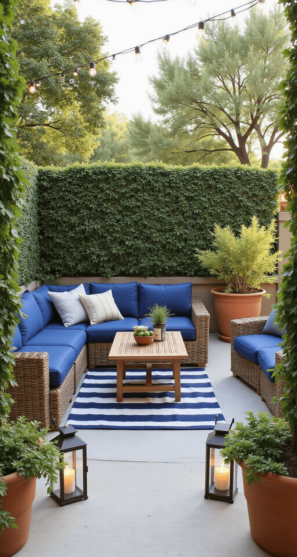 A sunlit patio featuring a weather-resistant wicker seating arrangement with Mediterranean blue cushions, anchored by a navy and white striped outdoor rug. Terracotta pots with cascading plants frame the area, while market lights hang overhead and citronella lanterns offer ambient light. The image captures the spatial flow from a corner in natural lighting.